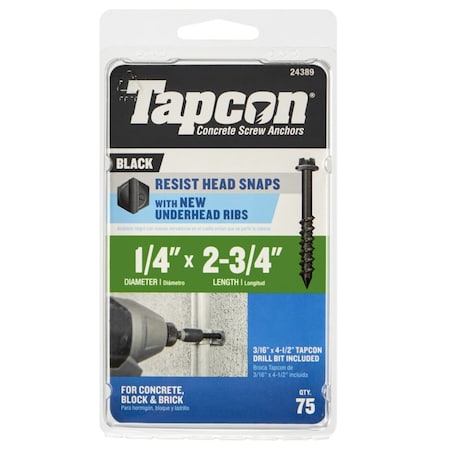 Tapcon 1/4 in. Dia., Hex, 2-3/4 in. L, Steel 75 PK 24389